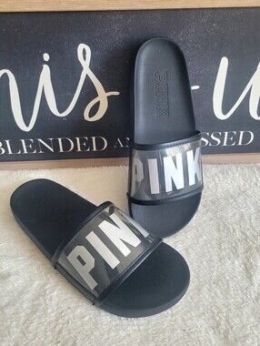 PINK VICTORIA SECRET Black & Clear Strap Logo Slide Sandals Size 9-10 (10.5in)